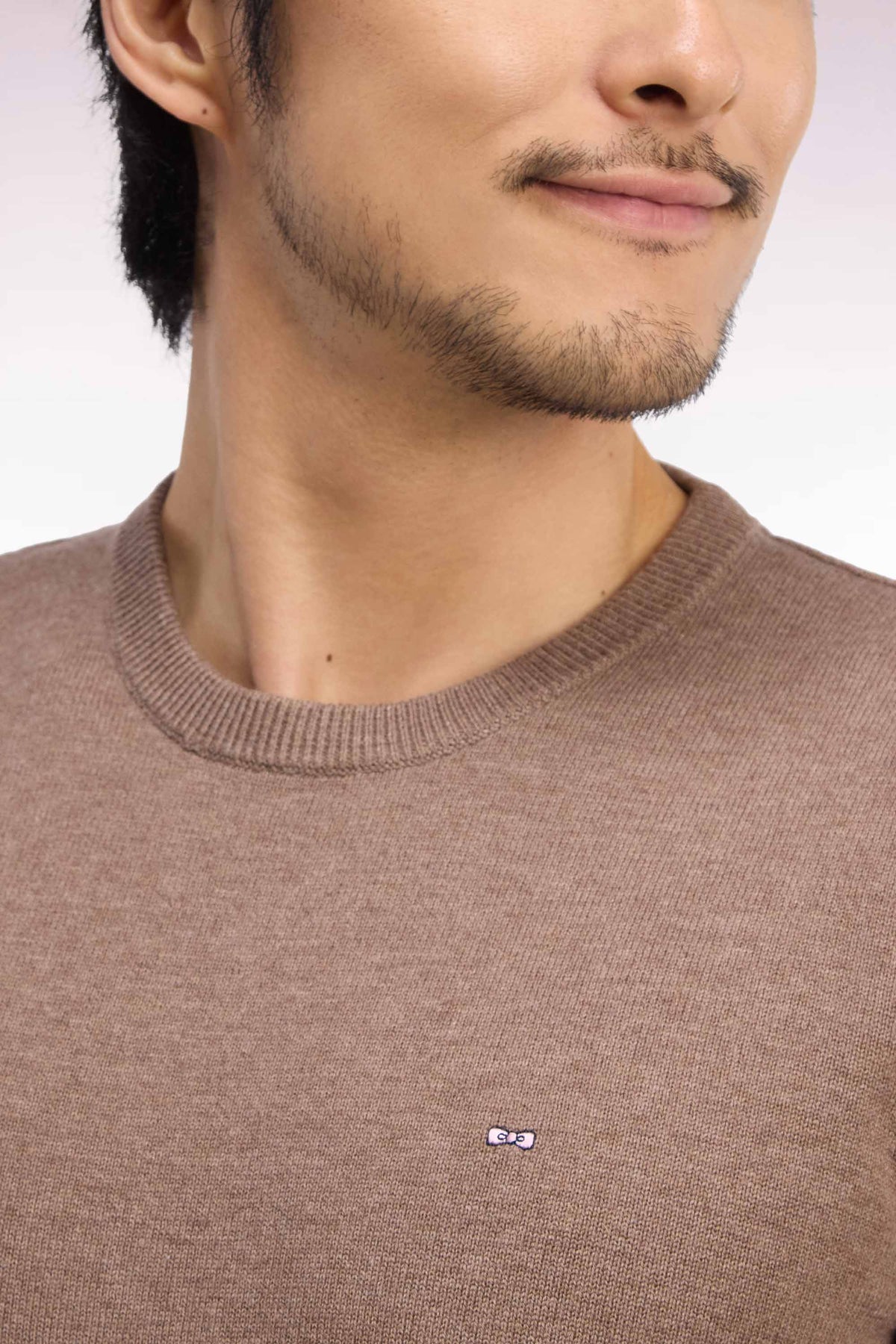 Round neck sweater in brown wool and cotton, straight cut