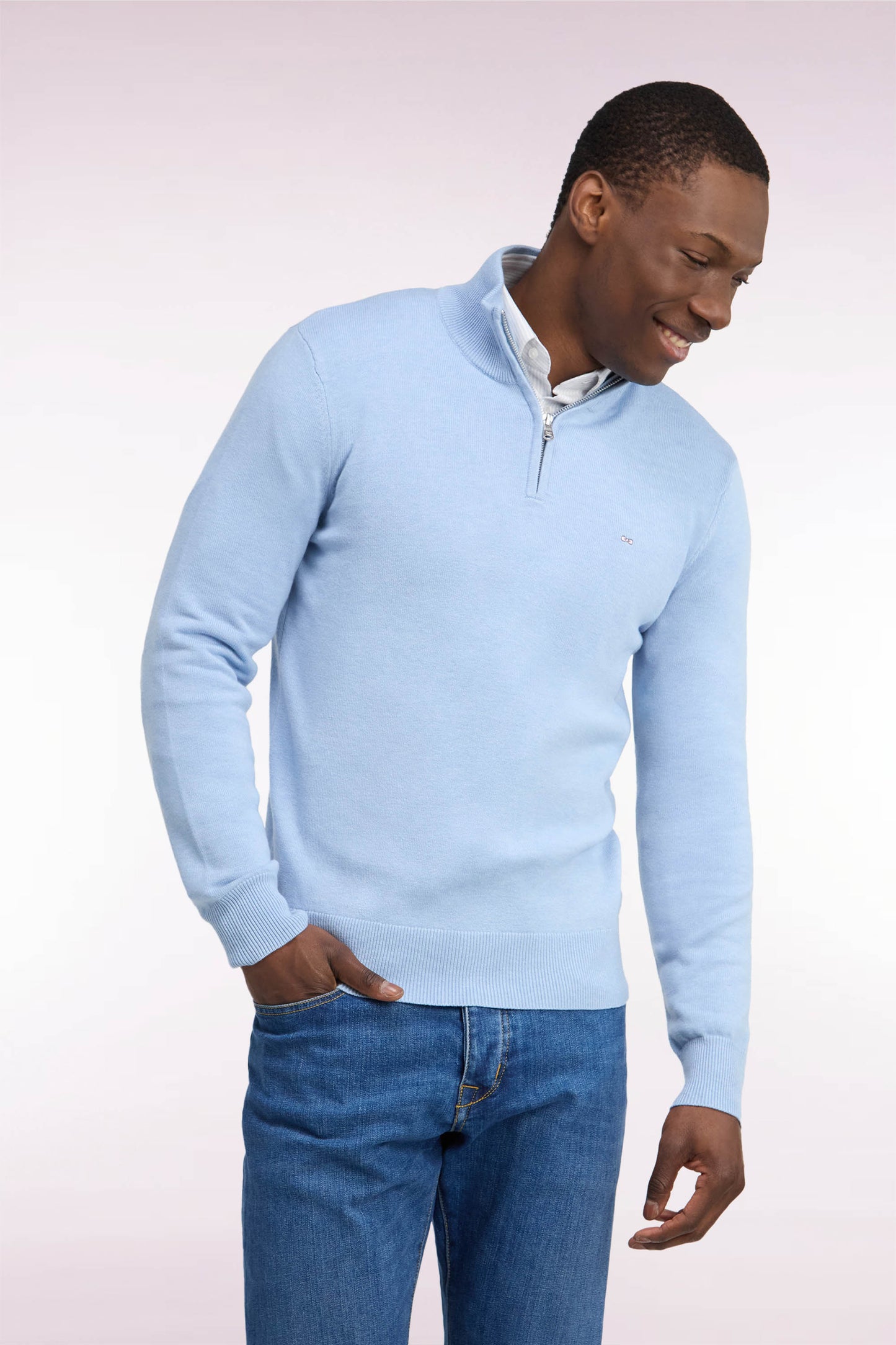 Pull col camionneur en laine et coton ciel coupe droite