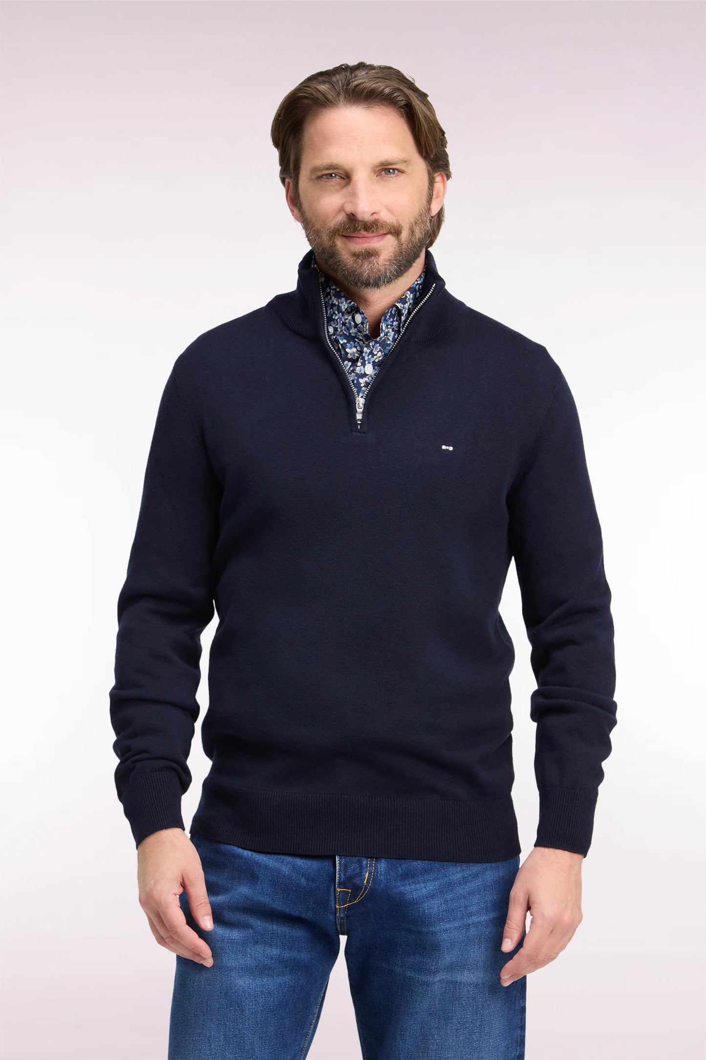 Pull col camionneur en laine et coton marine coupe droite