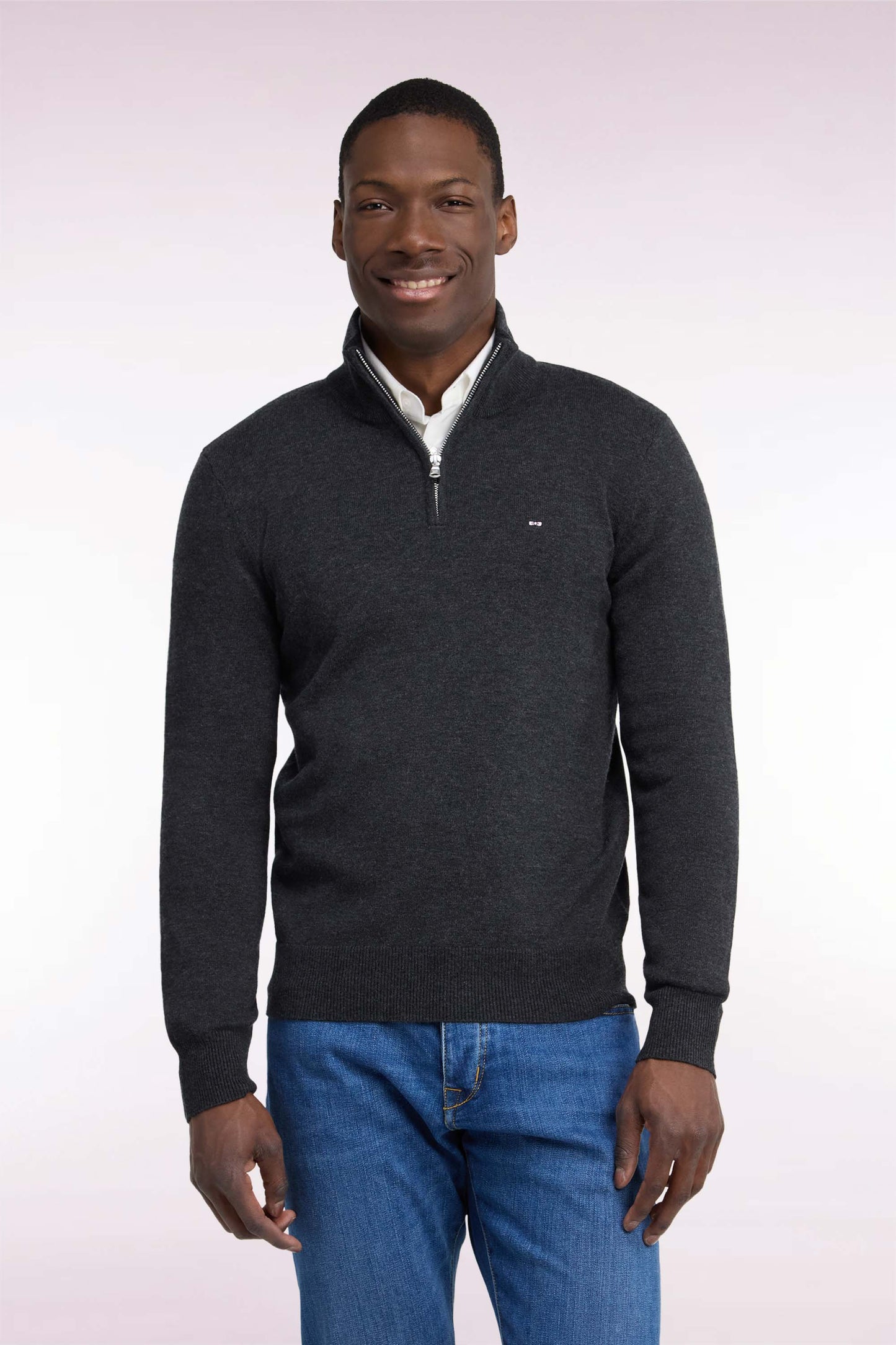 Pull col camionneur en laine et coton gris foncé coupe droite