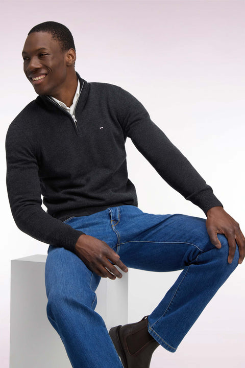 Pull col camionneur en laine et coton gris foncé coupe droite - Image 1