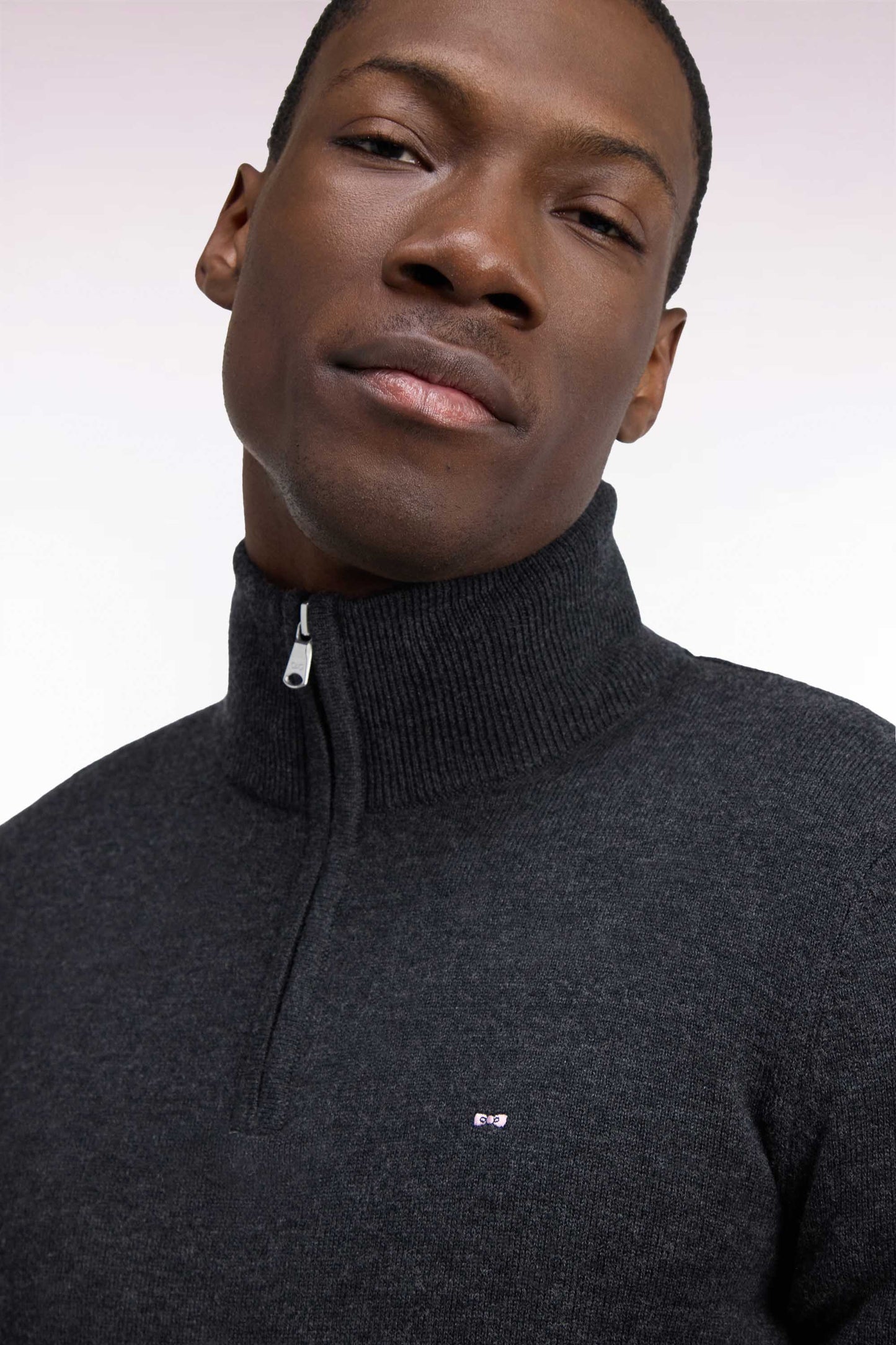 Pull col camionneur en laine et coton gris foncé coupe droite