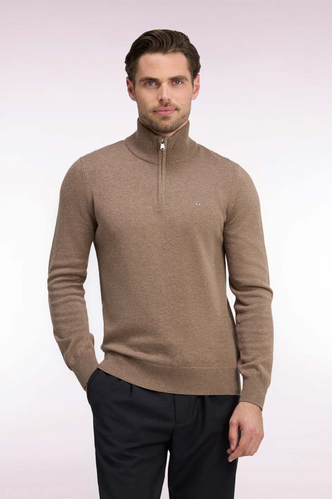 Pull col camionneur en laine et coton marron coupe droite - Image 3