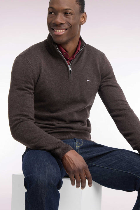 Pull col camionneur en laine et coton marron coupe droite - Image 1