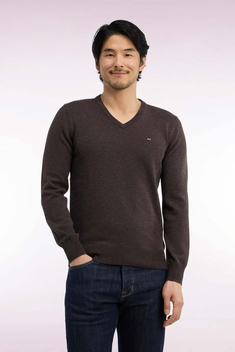 Straight cut brown wool and cotton V-neck sweater - Image 3