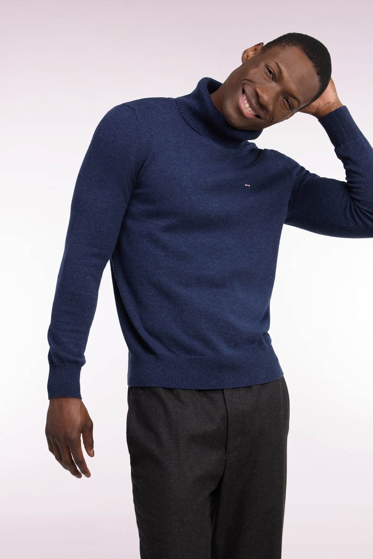 Straight cut blue wool and cotton turtleneck sweater