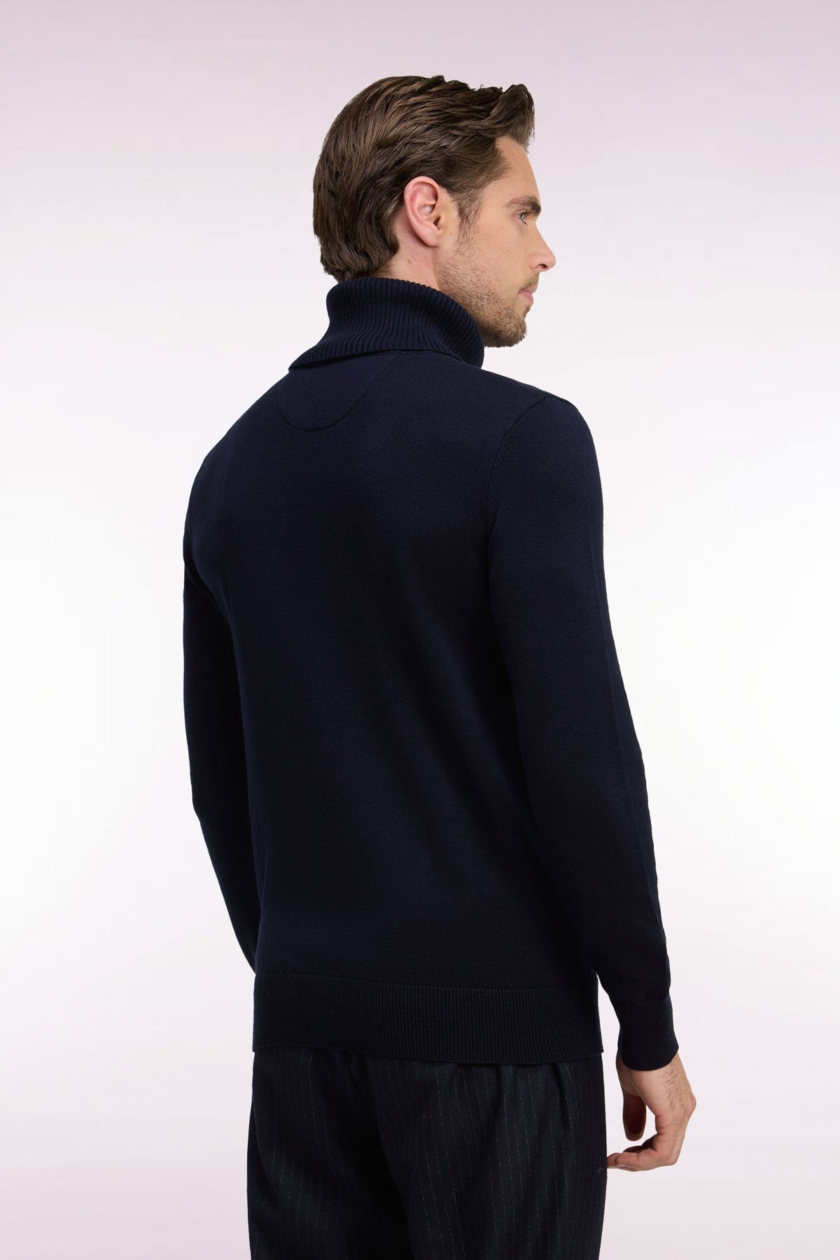 Straight cut navy wool and cotton turtleneck sweater