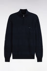 Regular fit zipped trucker neck sweater in navy knit with striped effects