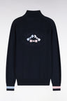 Straight cut embroidered navy cotton zipped trucker neck sweater