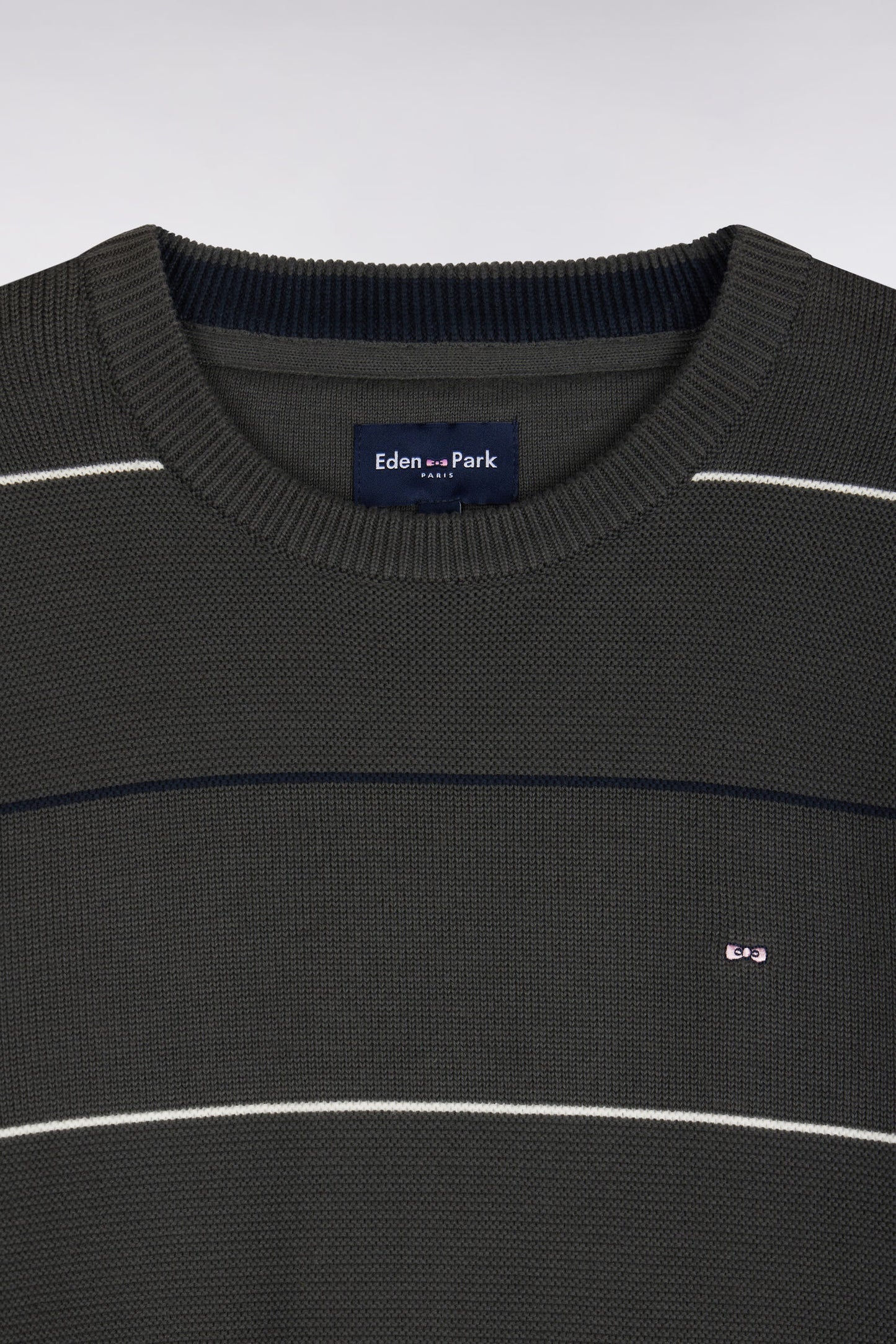 Pull à col rond en coton rayé kaki coupe droite