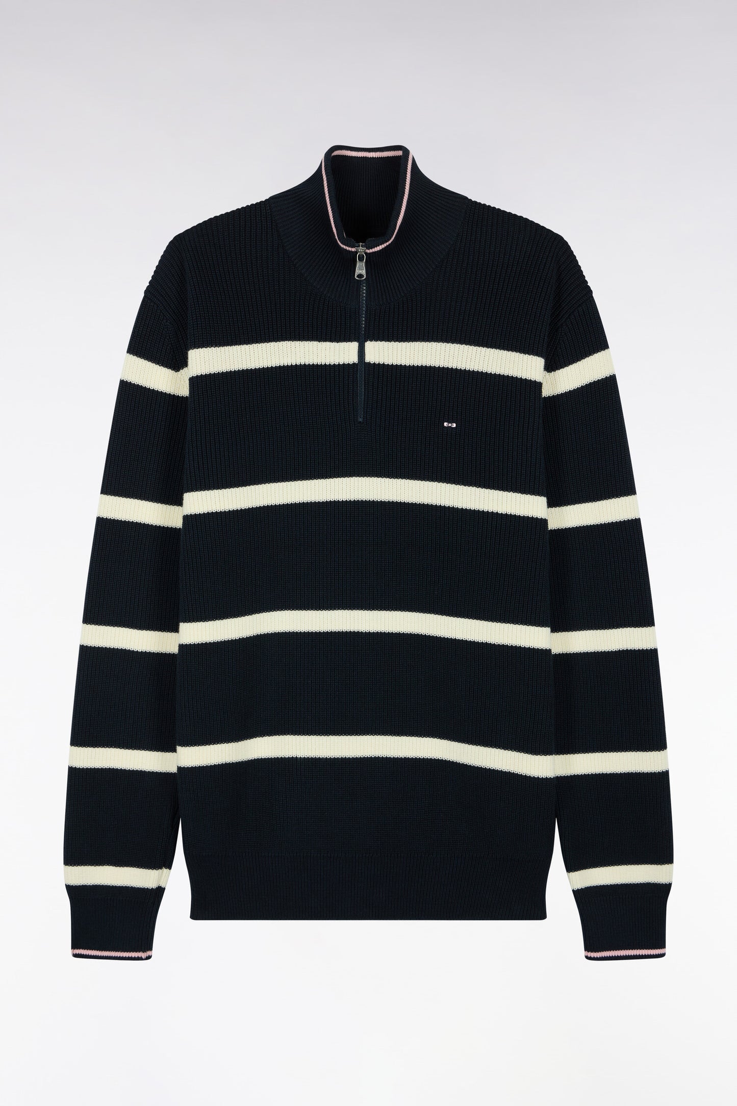 Pull rayé à col camionneur zippé en coton marine et écru coupe droite