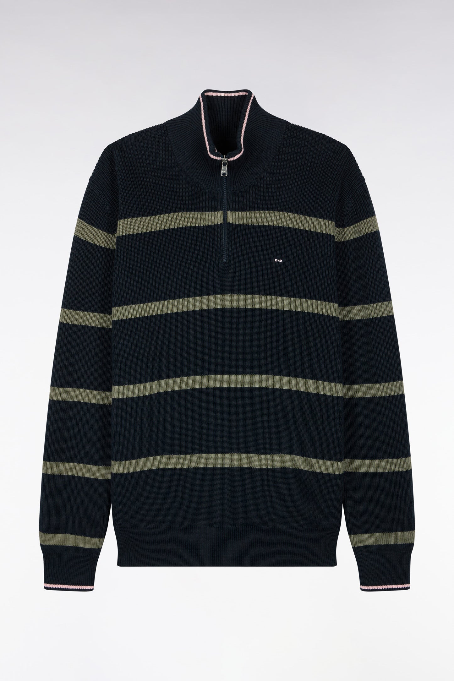 Pull rayé à col camionneur zippé en coton marine et kaki coupe droite