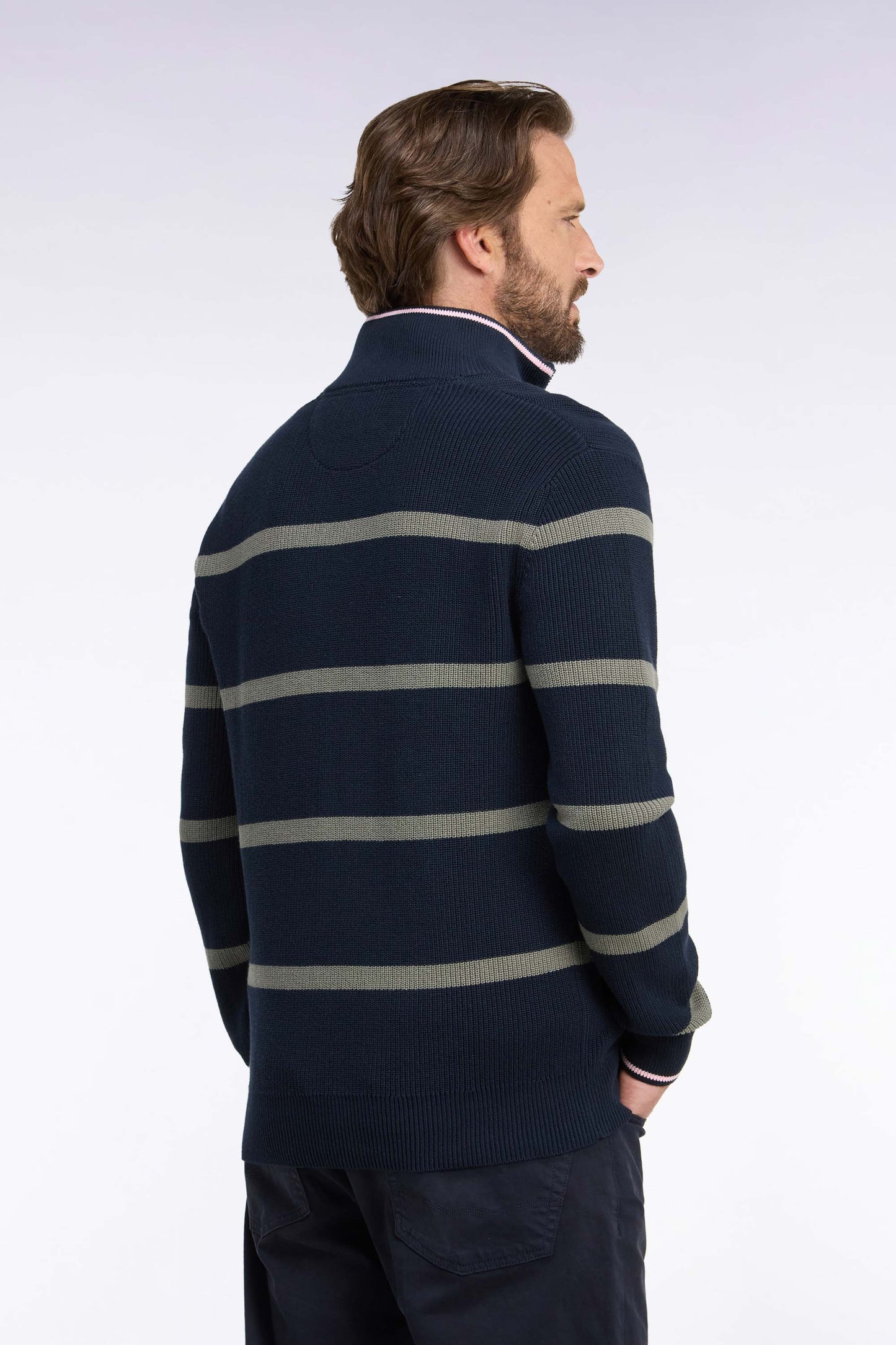 Pull rayé à col camionneur zippé en coton marine et kaki coupe droite