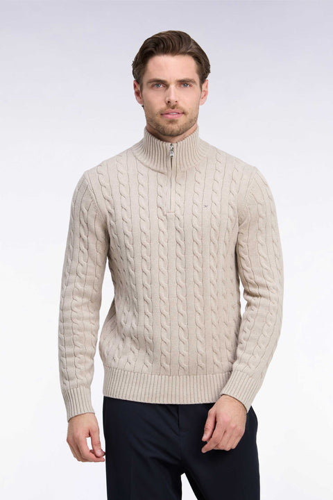 Pull à torsades à col camionneur en coton beige coupe droite - Image 3
