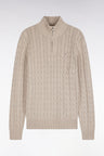 Straight cut beige cotton trucker collar cable sweater