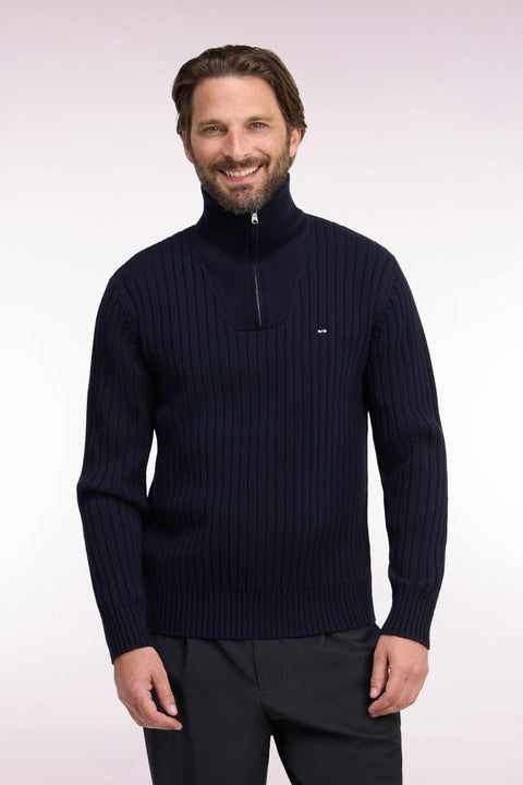 Straight cut ribbed navy wool and cotton trucker neck sweater - Image 3