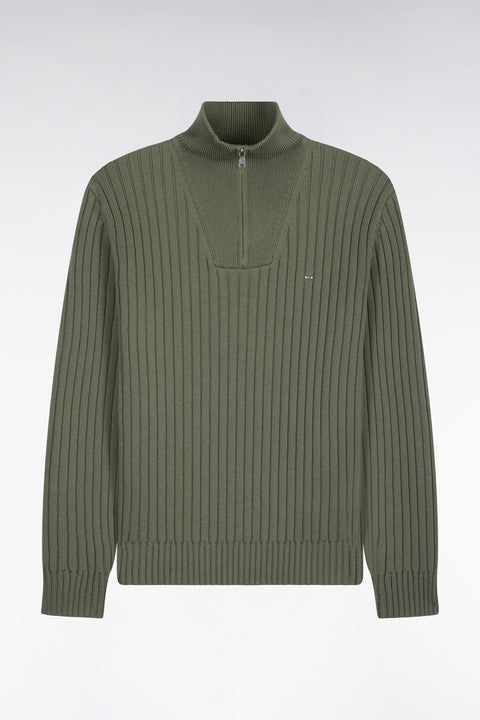 Straight cut ribbed olive green wool and cotton trucker neck sweater - Image 2