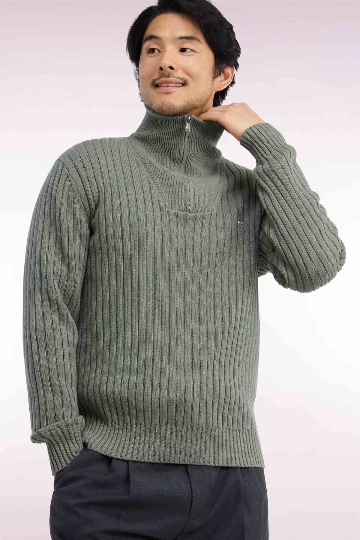 Straight cut ribbed olive green wool and cotton trucker neck sweater