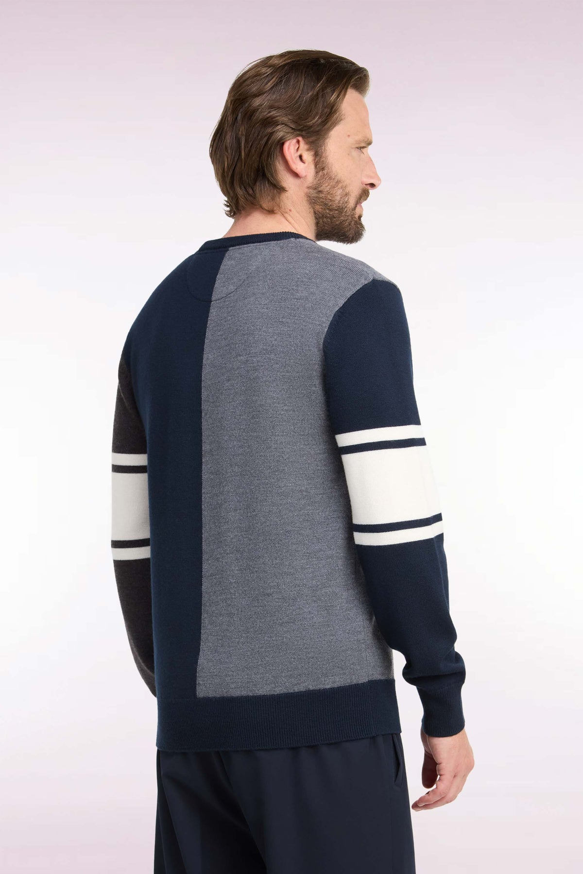 Round-neck sweater with vertical cutout in tricolor merino wool jersey
