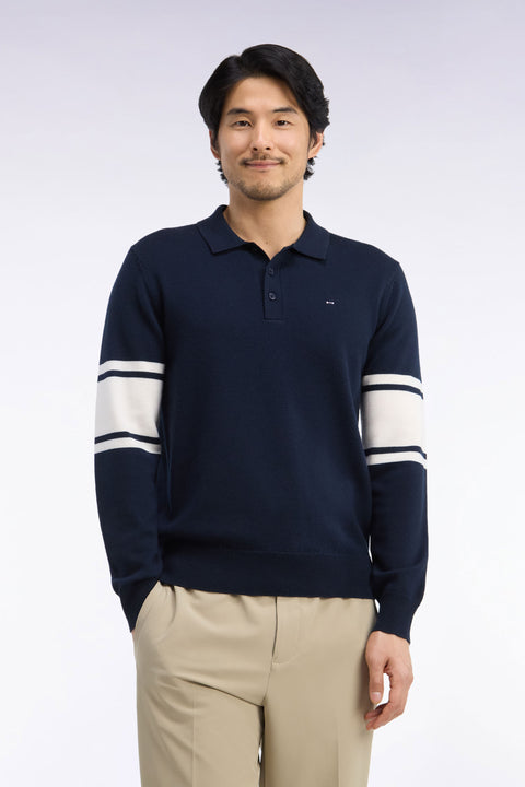 Polo collar sweater in navy merino wool jersey - Image 3