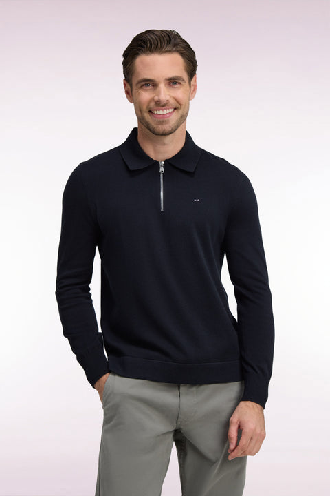 Pull à col polo zippé en coton et viscose noir coupe droite - Image 3