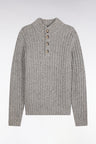 Heather gray thick ribbed knit buttoned high-neck sweater