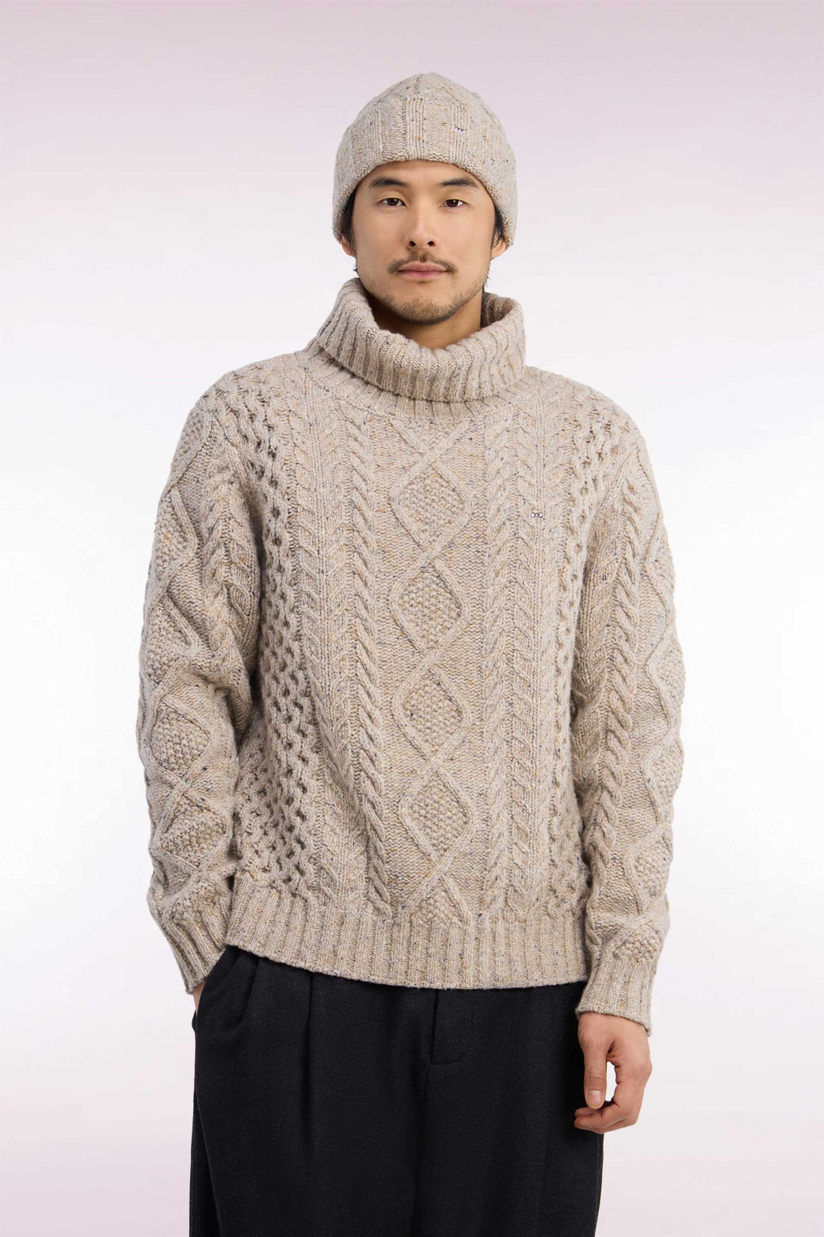 Beige cable knit straight fit turtleneck sweater