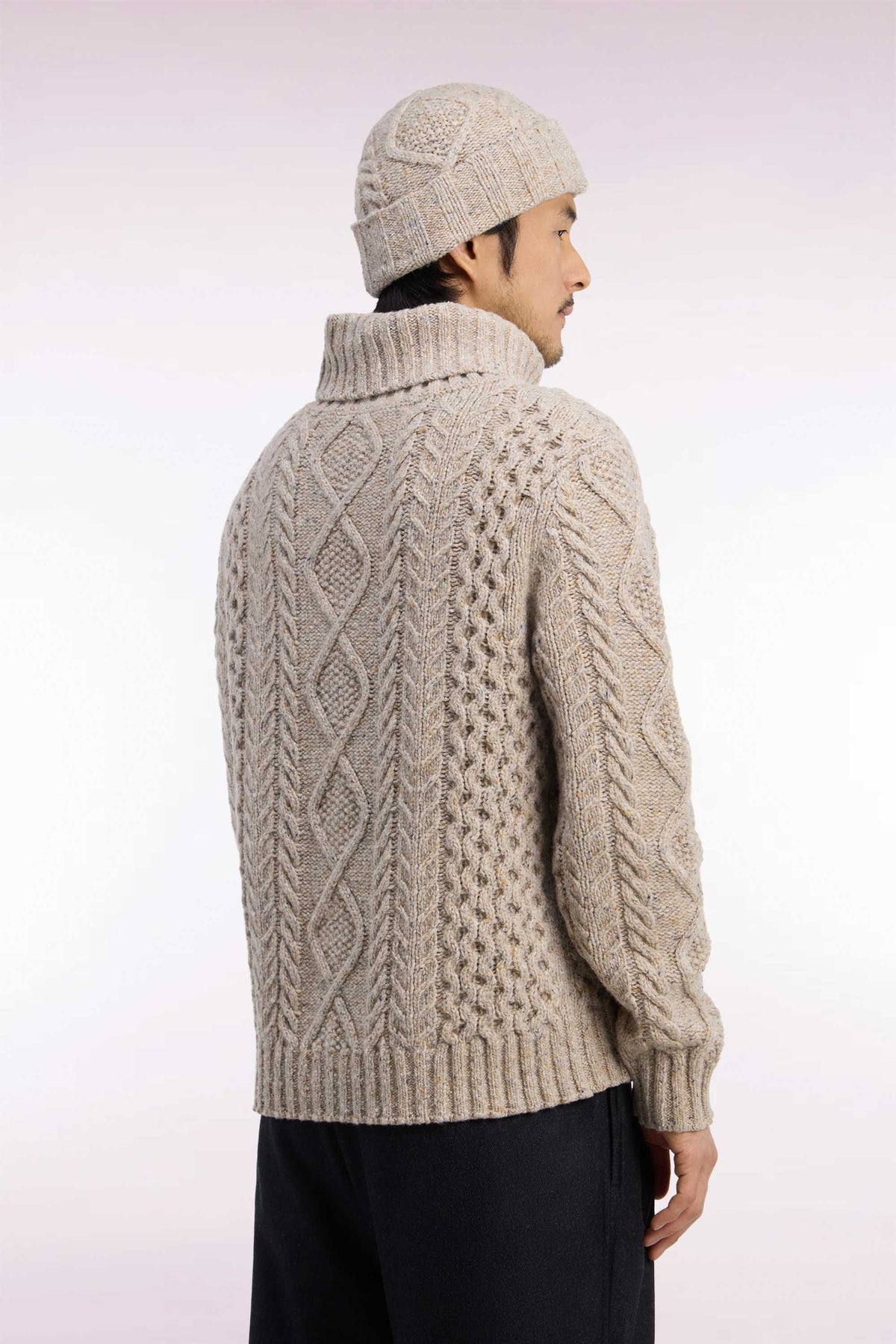 Beige cable knit straight fit turtleneck sweater