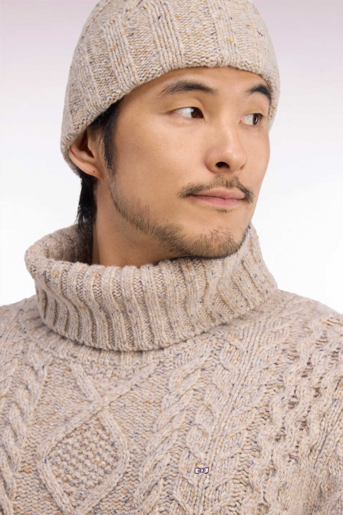 Beige cable knit straight fit turtleneck sweater