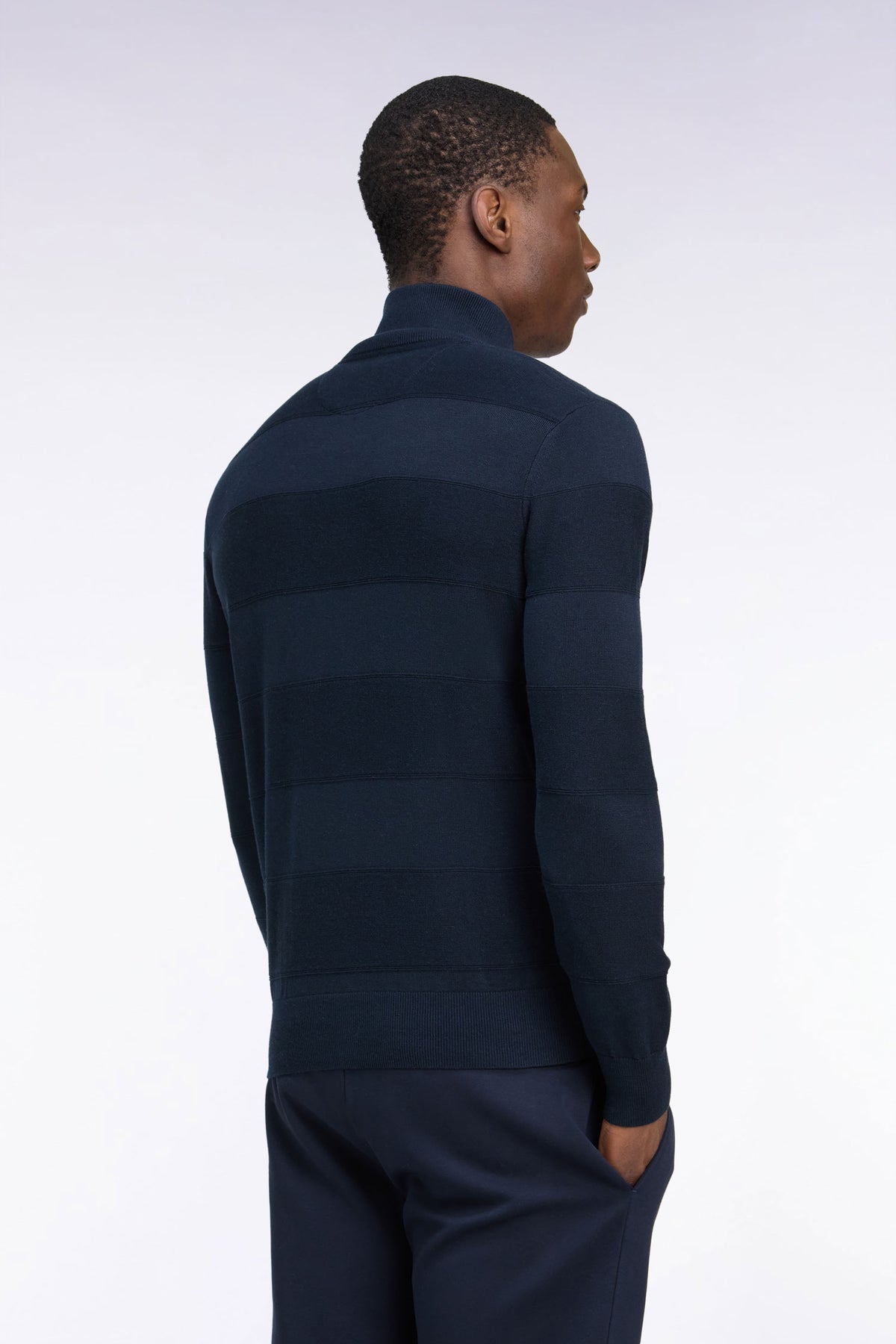 Golf sweater with zipped high collar in cotton and navy viscose, straight cut