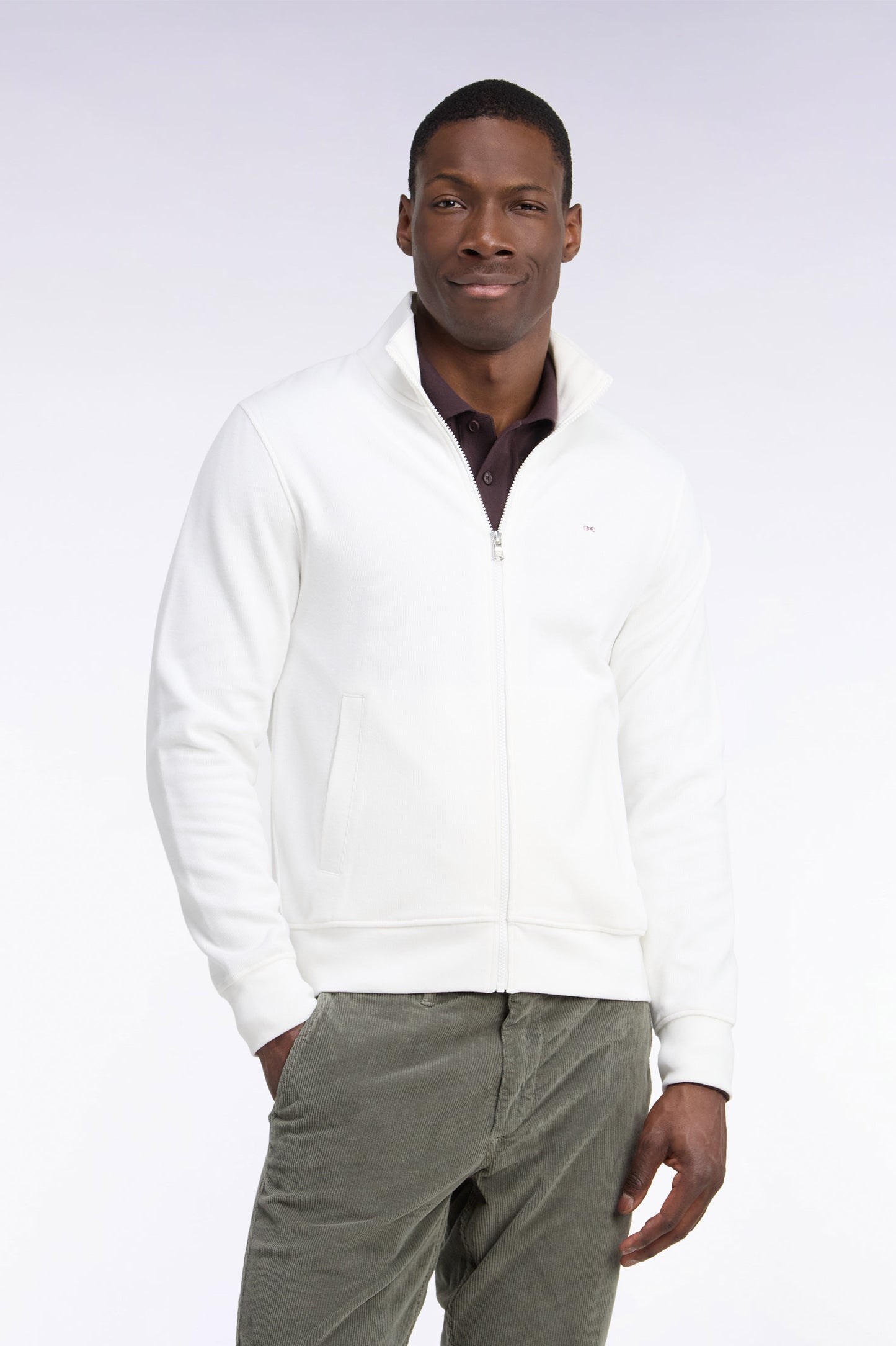 Sweatshirt zippé en molleton coton écru coupe droite