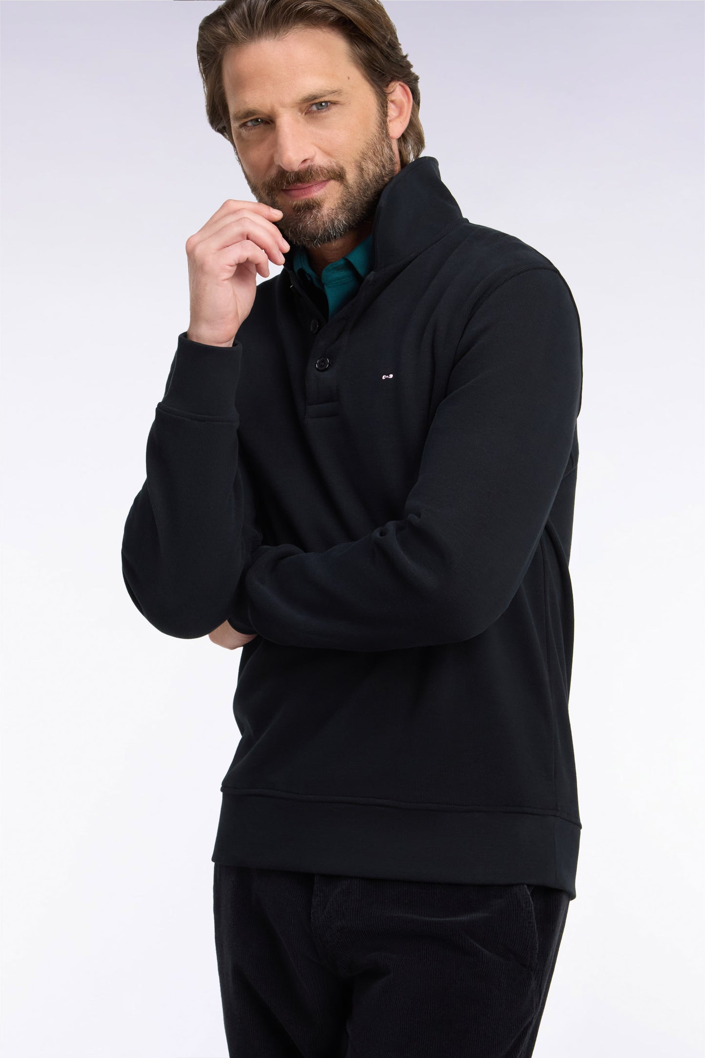 Sweatshirt col polo en coton noir coupe droite