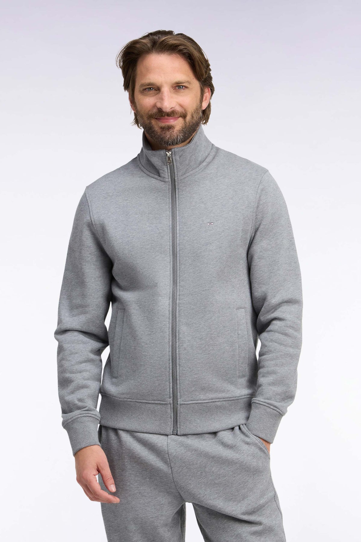 Straight-fit gray cotton trucker neck zipped sweatshirt