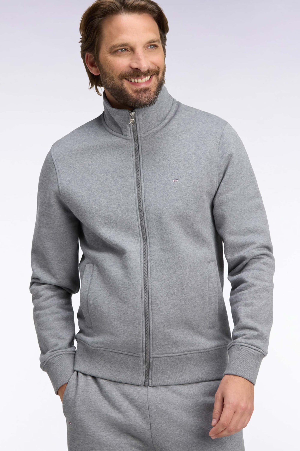 Straight-fit gray cotton trucker neck zipped sweatshirt