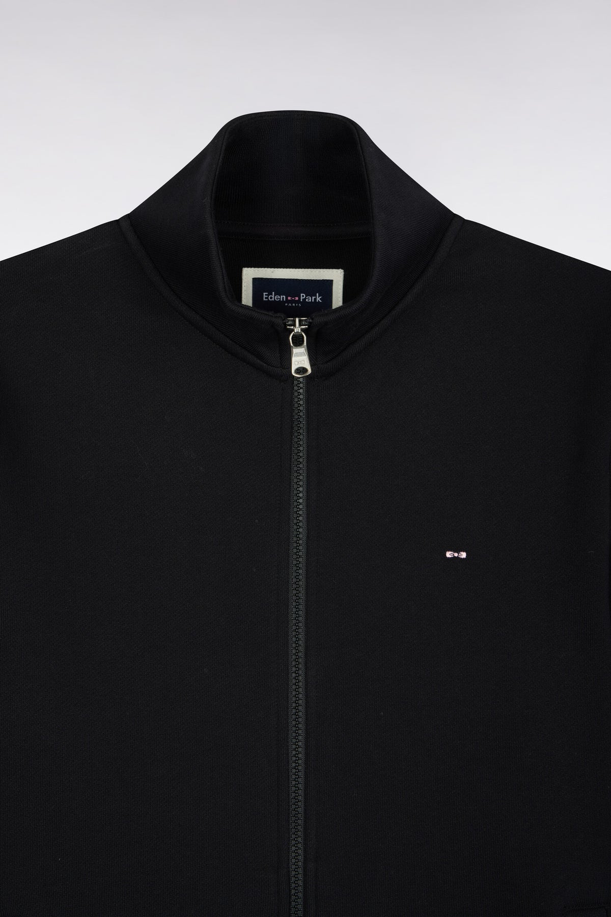 Straight cut black cotton trucker neck zipped sweatshirt