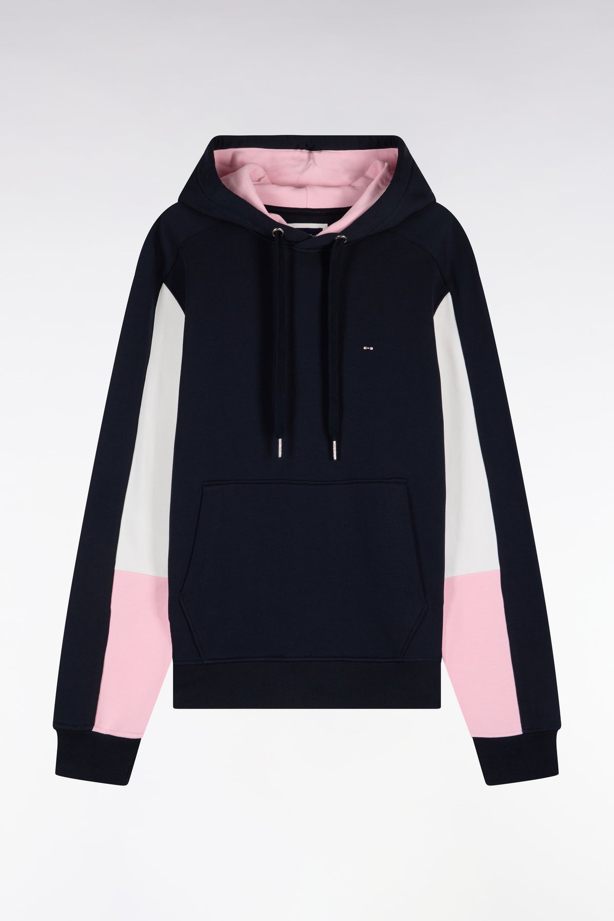 Navy cotton hooded sweatshirt with cut-out sleeves, straight cut