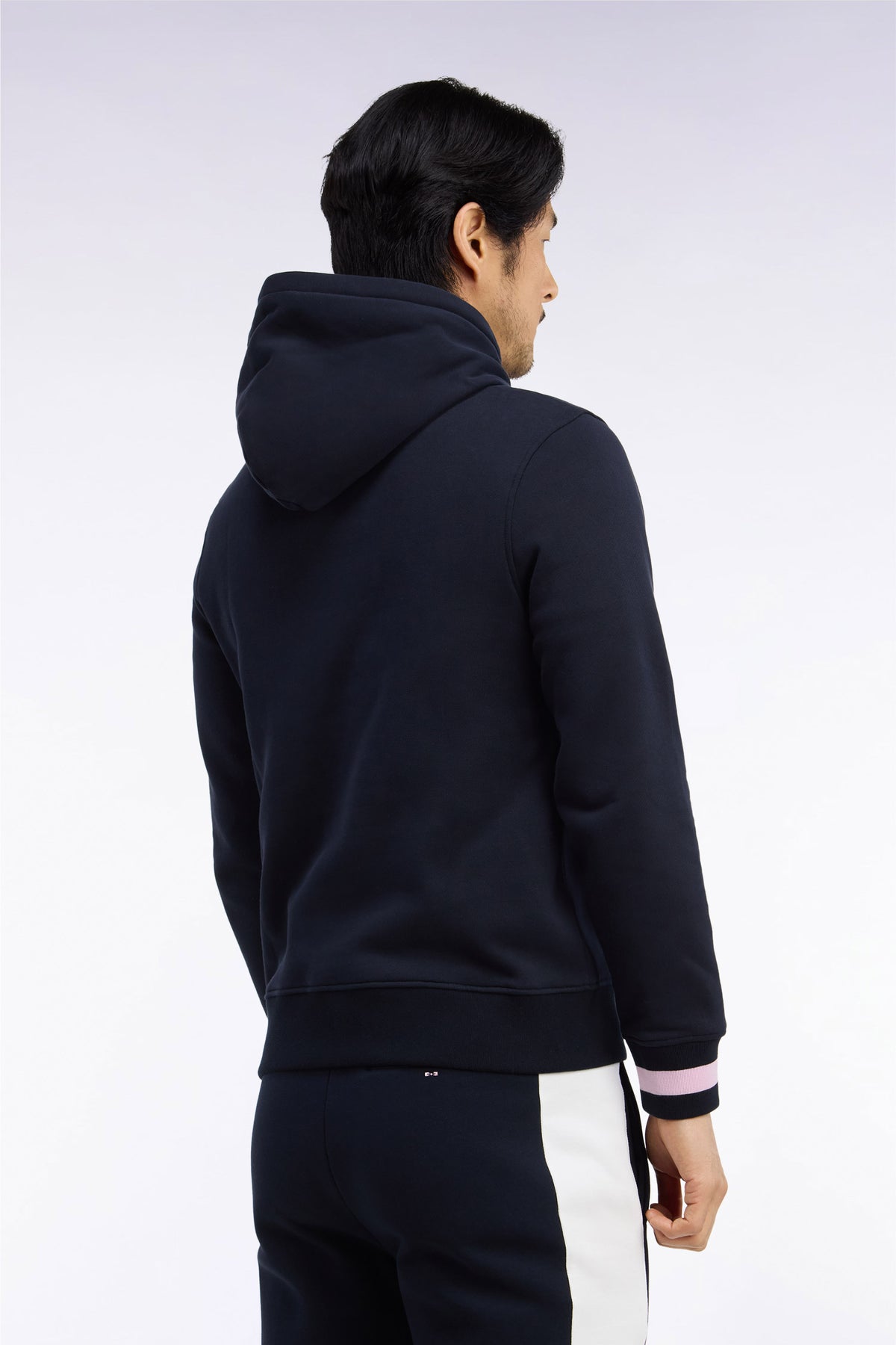 Straight cut embroidered navy cotton fleece hooded sweatshirt
