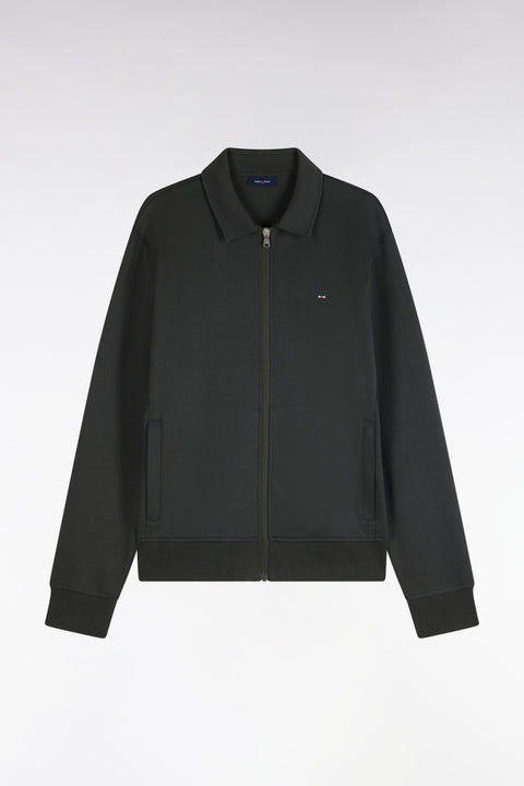 Sweatshirt zippé à col polo en coton kaki coupe droite - Image 2