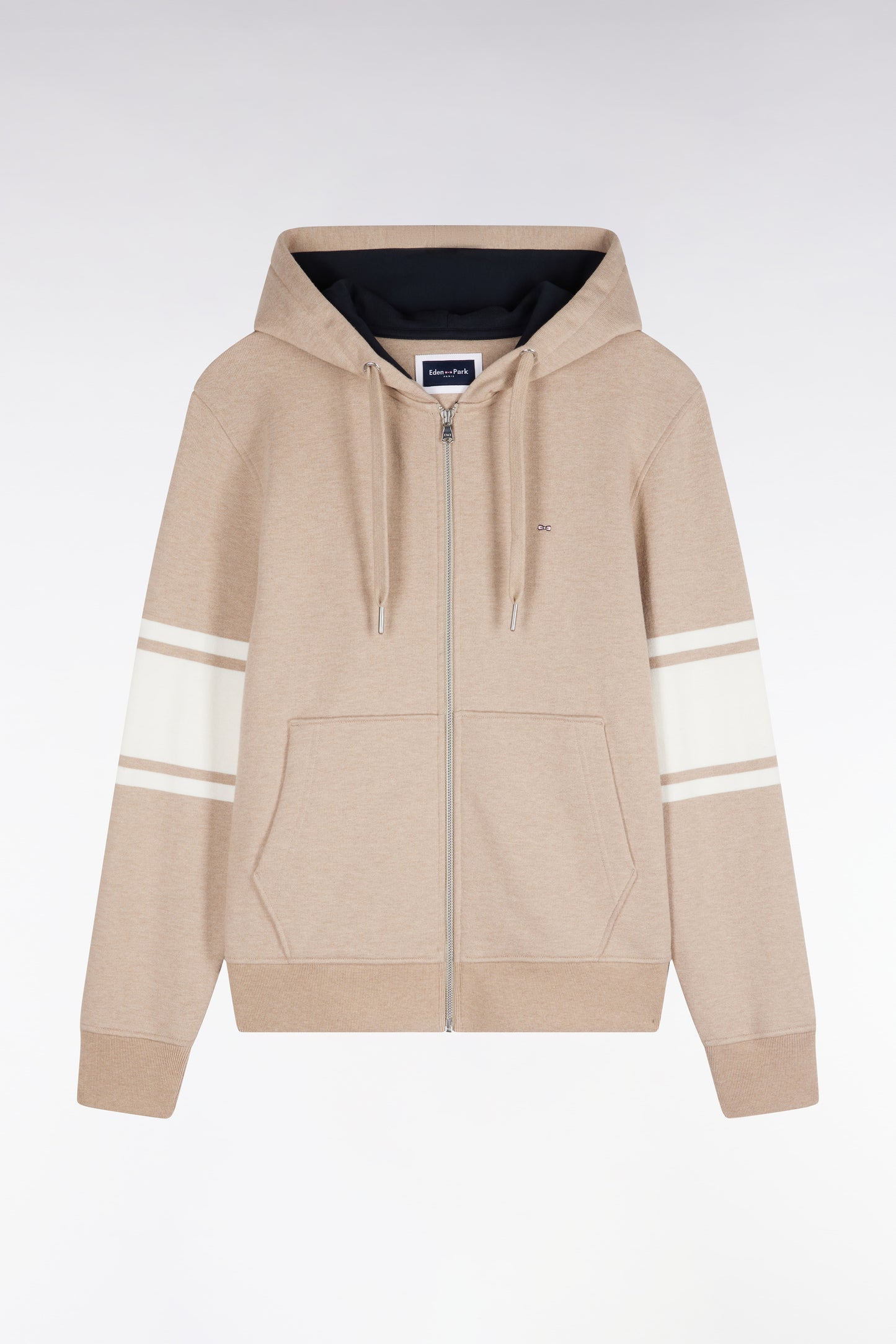 Sweatshirt à capuche zippé en molleton coton beige coupe droite