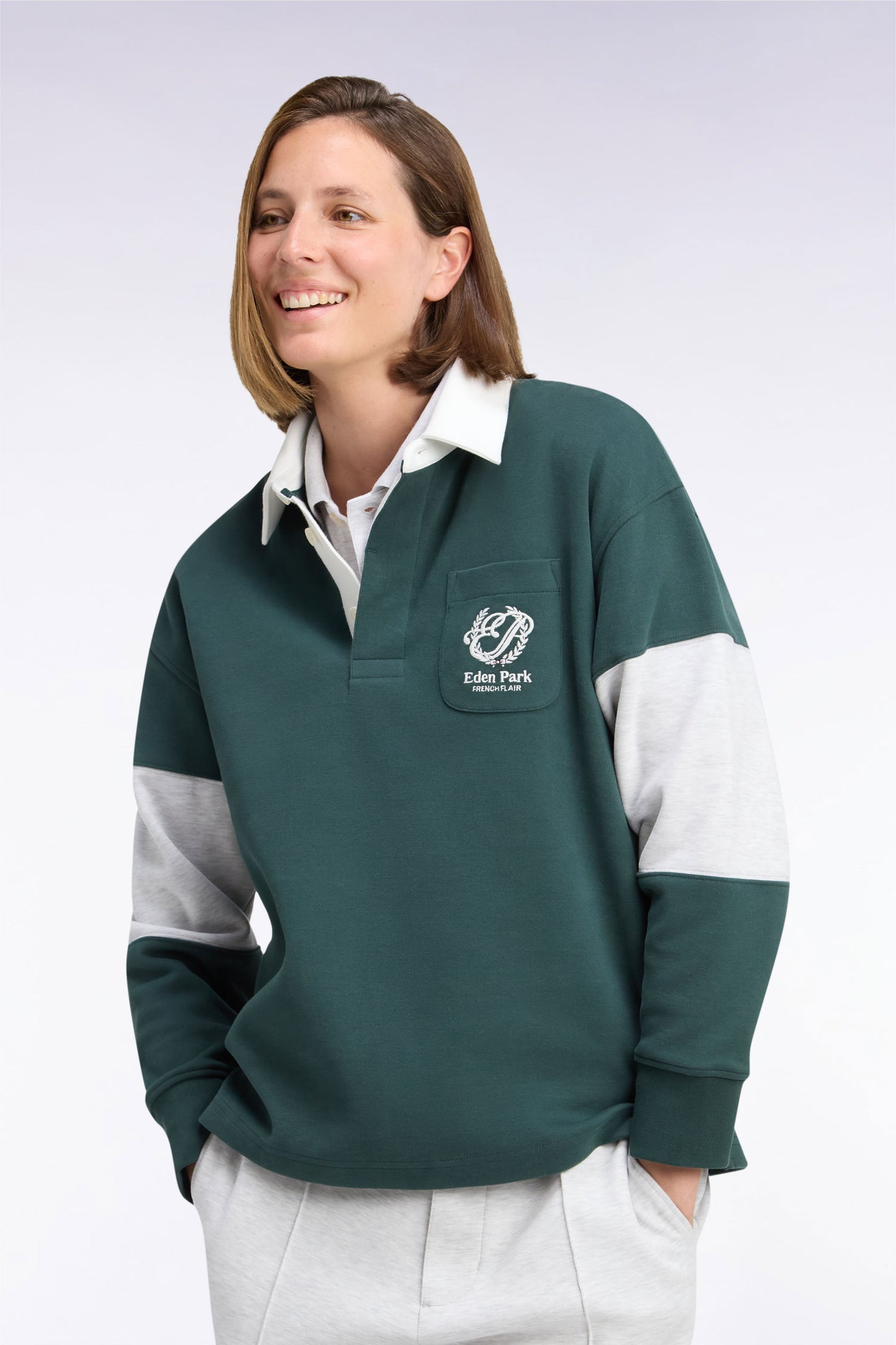Sweatshirt unisexe à col maillot en interlock vert broderies héritage coupe loose