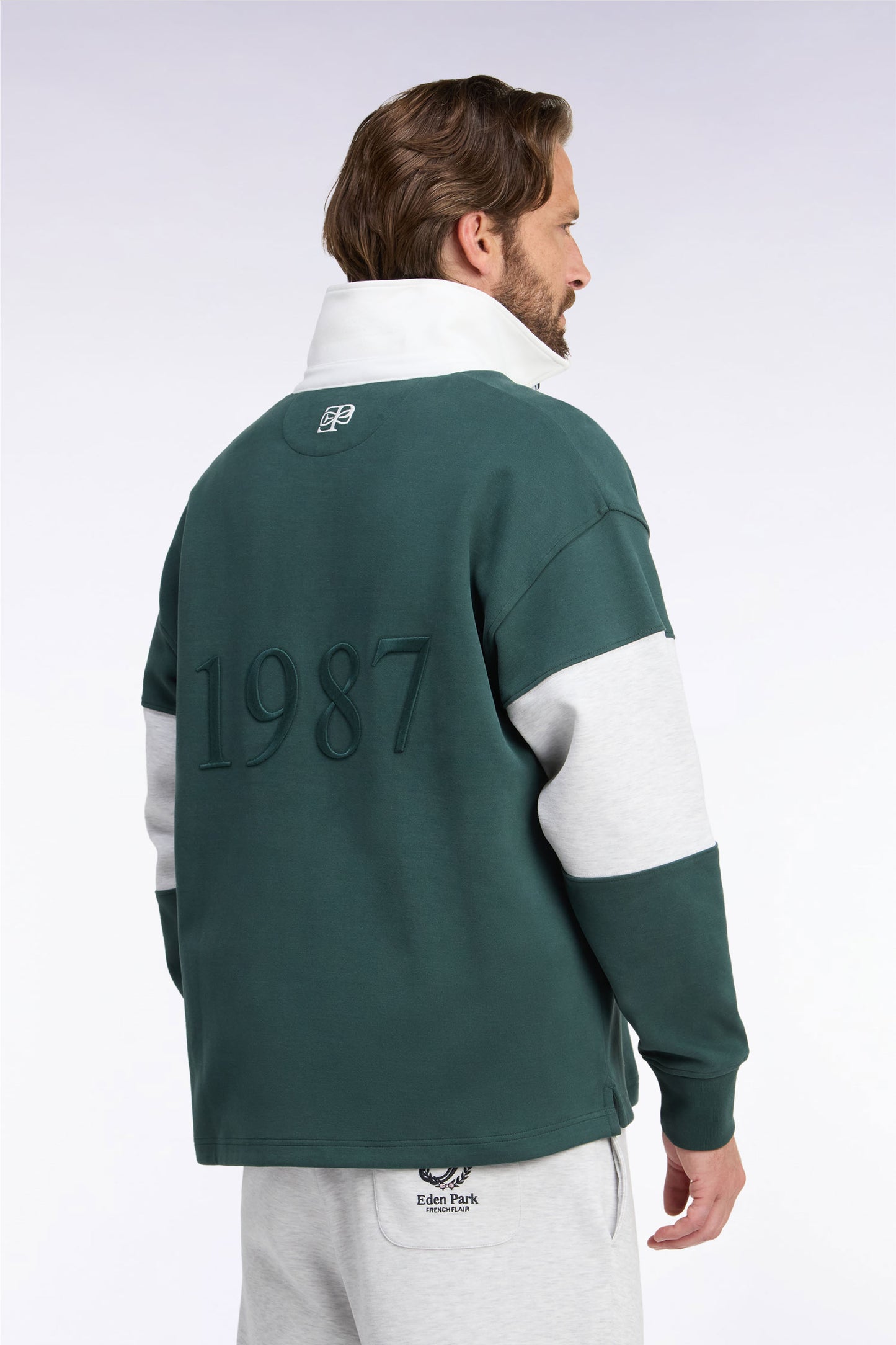 Sweatshirt unisexe à col maillot en interlock vert broderies héritage coupe loose