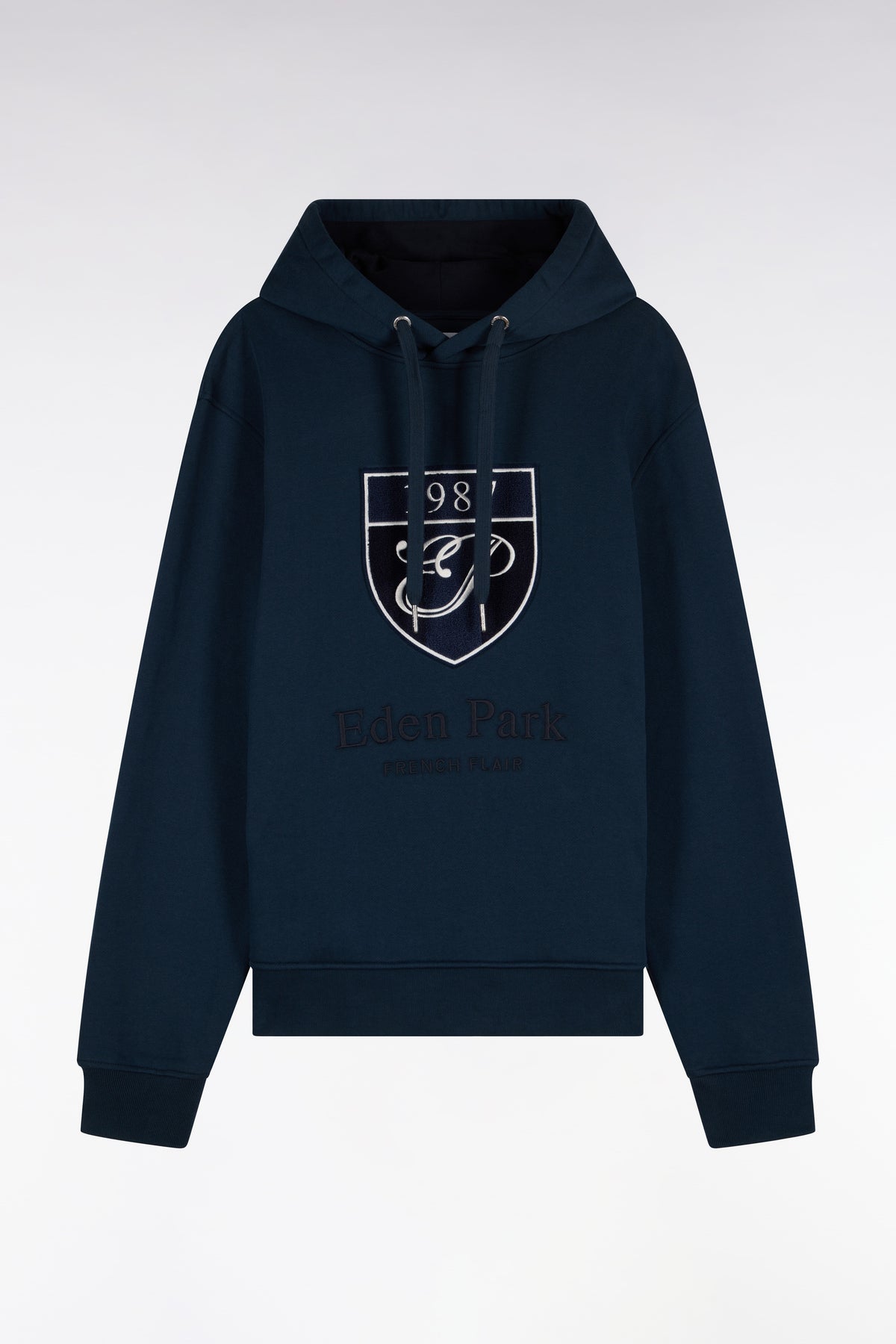 Gray cotton fleece hooded sweatshirt with heritage embroidery, straight cut
