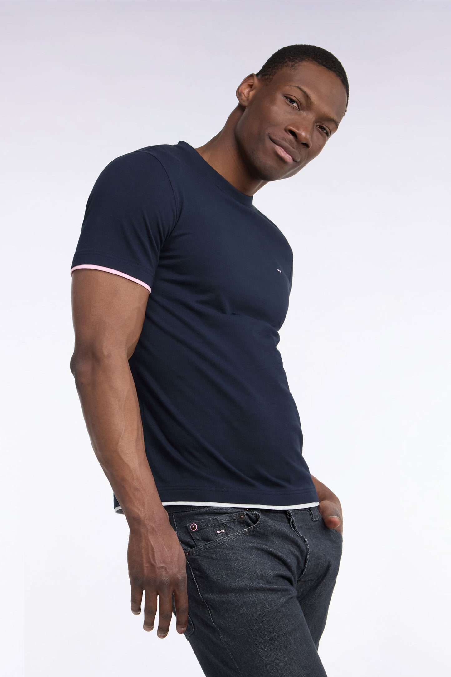 T-shirt manches courtes en coton marine sérigraphie dos coupe droite