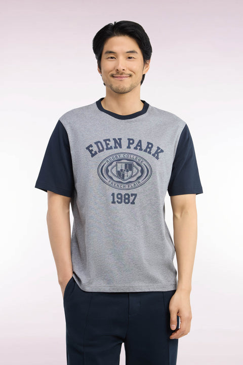 T-shirt manches courtes en coton marine et gris sérigraphié coupe droite - Image 3