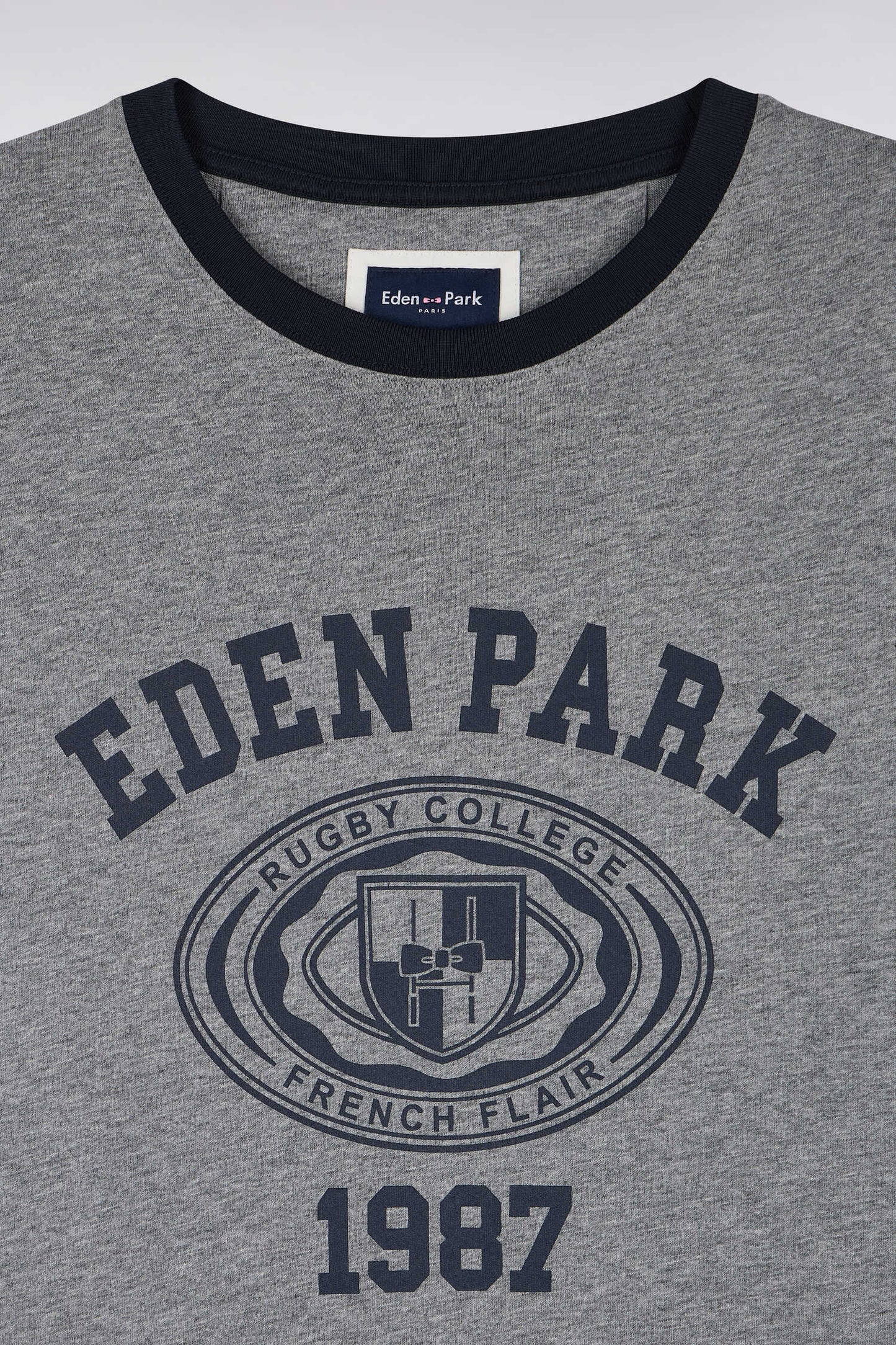 T-shirt manches courtes en coton marine et gris sérigraphié coupe droite