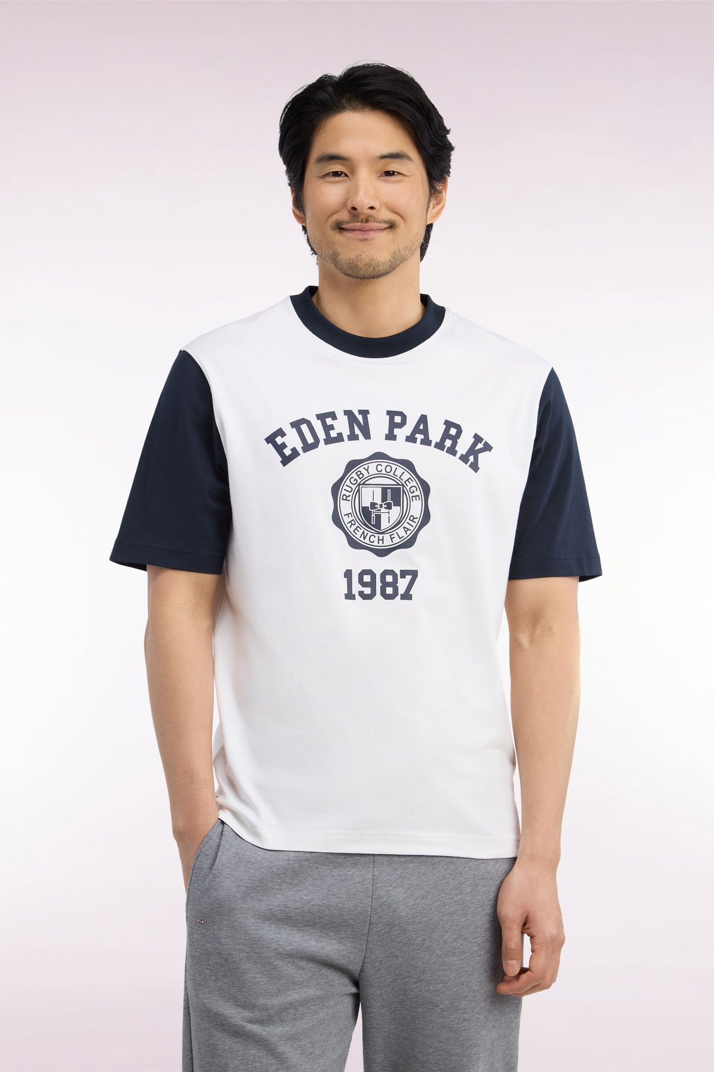 T-shirt manches courtes bicolore en coton écru sérigraphié coupe droite