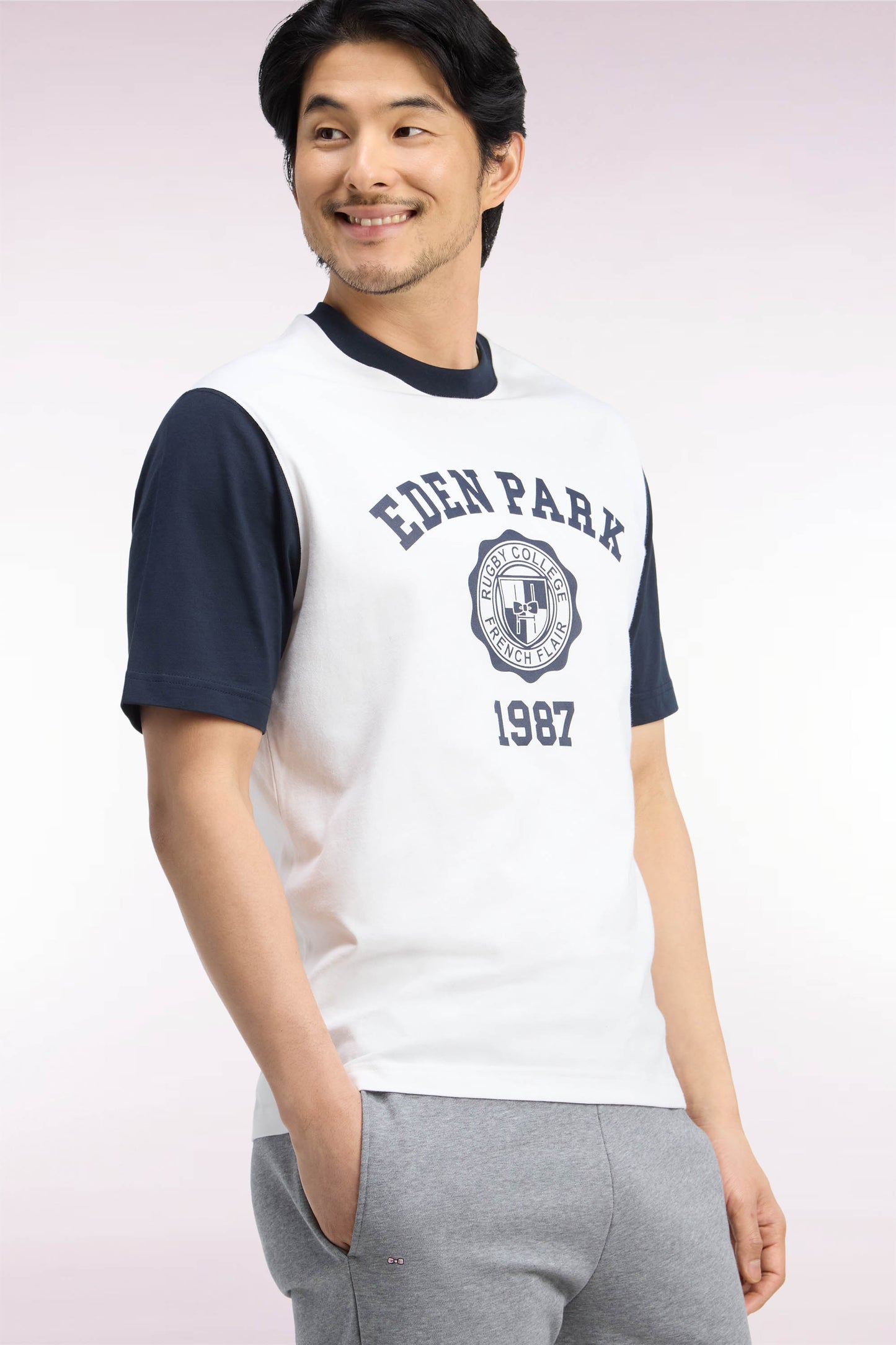 T-shirt manches courtes bicolore en coton écru sérigraphié coupe droite
