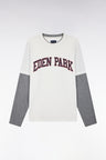 Long-sleeved T-shirt with layering effect in ecru combed cotton, straight cut
