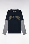 Long-sleeved T-shirt with layering effect in navy combed cotton, straight cut