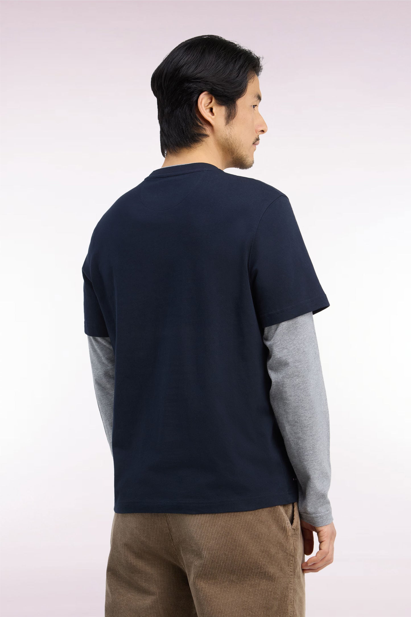 T-shirt manches longues effet superposition en coton peigné marine coupe droite